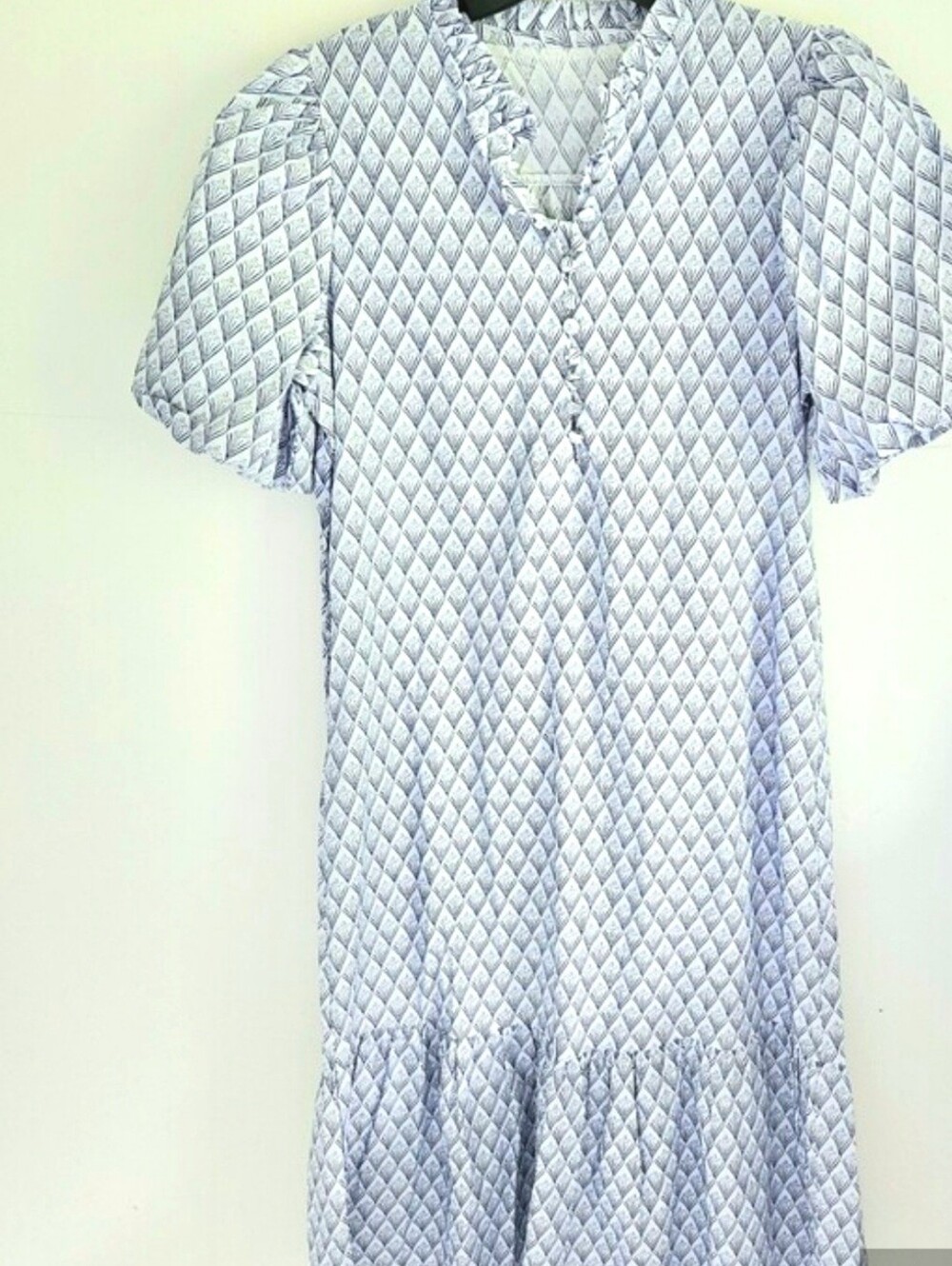 Blue Block Print Style Midi Dress Short Sleeves
